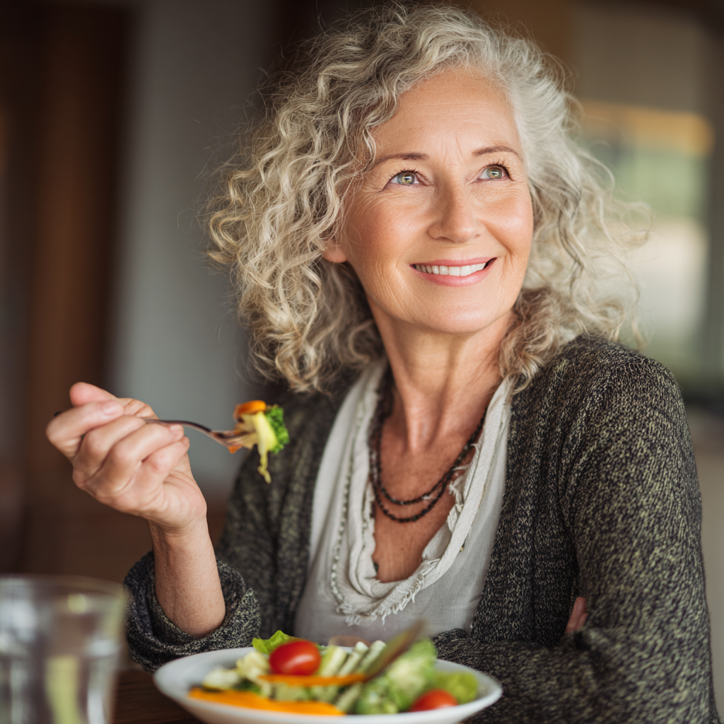 Smiling middle-aged woman enjoying a balanced meal